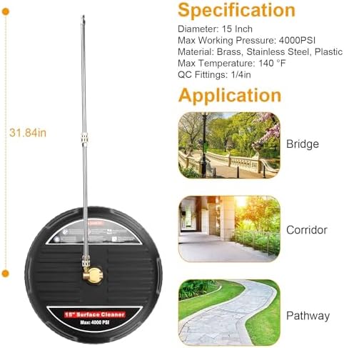 15in Pressure Washer 4000PSI Surface Cleaner Disc Power Washer Broom with 2 Washer Extension Wands 2 Replacement Nozzles Flat Surface Cleaner for Cleaning Patios Driveways Sidewalks