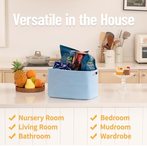 4 Pack Storage Baskets for Organizing Toys, Towels, and Clothes, Woven Basket for Shelves, Sturdy Nursery Cube Bins for Storage, 13''L x9''W x7.8''H, Blue