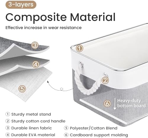 13.8x9.8x6.7 Inch Fabric Small Storage Bins with Handles 3 Pack | Foldable Storage Basket, Sturdy Metal Strand, Cardboard Support Molding, Small Baskets for Organizing, Shelves, White/Gray