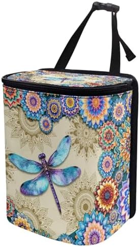 Vibrant Boho Mandala Dragonfly Print Car Trash Can with Lid and Zipper Portable Foldable Garbage Can Hanging for Headrest Leakproof Organizer and Storage Bag Car Accessories