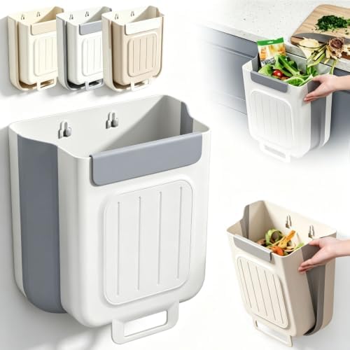 Foldable Kitchen Trash Can, Hanging Collapsible Trash Can，L,Grey | Multipurpose Wall-Mounted Folding Waste Bin, Space-Saving Expandable Garbage Basket Hangs on Cabinet Door for Food Prep Peels