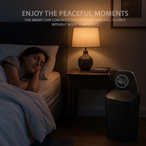 Touchless Motion Sensor Trash Can with Lid, Automatic Infrared Garbage Bin, Narrow Rectangular Bathroom Kitchen Bedroom Office Waste Basket, Soft Close Quiet Seal, Removable Inner Ring (Black)