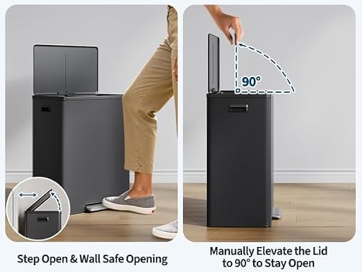 Jojoka Dual Trash Can for Kitchen Recycling and Trash, 16-Gallon Stainless Steel Double Garbage Bin with Lid and Foot Pedal, Soft Close, Removable Compartments for Waste Separation, Home Organization