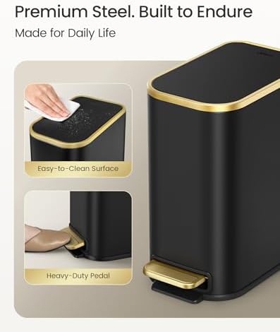Cesun Small Bathroom Trash Can with Gold Grimmed Lid & Pedal, 1.3Gal, Black | Soft Close Lid, Removable Inner Bucket, Slim Stainless Steel Waste Basket for Home Office, Included 5 Trash Bags, Hidden Bags