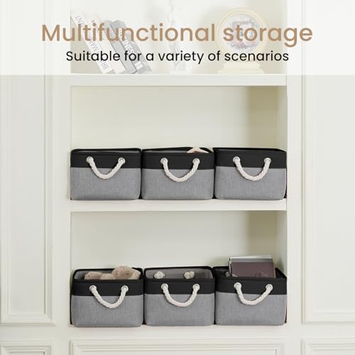 13.8x9.8x6.7 Inch Fabric Small Storage Bins with Handles 3 Pack | Foldable Storage Basket, Sturdy Metal Strand, Cardboard Support Molding, Small Baskets for Organizing, Shelves, Black/Gray