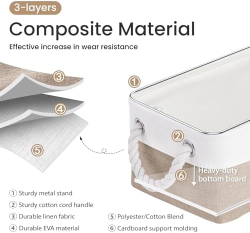 11.8x7.9x5.2 Inch Fabric Small Storage Bins with Handles 6 Pack | Foldable Storage Basket, Sturdy Metal Strand, Cardboard Support Molding, Small Baskets for Organizing, Shelves, White/Khaki