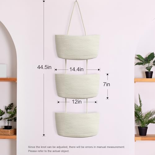 TeoKJ Over the Door Hanging Basket, 3-Tier Woven Cotton Wall-Mounted Storage Organizer Bag Decorative Hanging Nursery Baskets, White