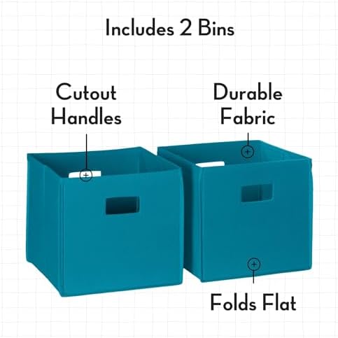 RiverRidge Folding Storage Bins - 2-pack of 10in Tall Turquoise Cubes | Fabric Bins, Set of 2 Storage Cubes, Cut-out Handles, Playroom Closet Organizer, Collapsible Cubby with Bottom Board Insert
