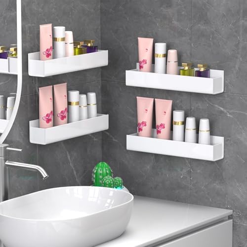 PMMASTO 4-Pack White Acrylic Spice Rack Organizers for Cabinet Doors | Nano Double-Sided Tape or Screw Mounting, for Cabinet and Pantry Doors, Stores Spices, Bathroom Supplies and Small Items