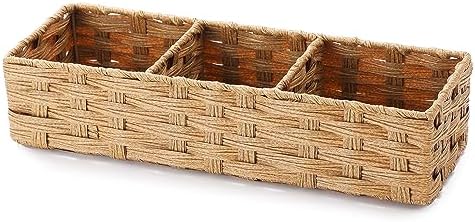 Toilet Tank Topper Paper Basket Multiuse Hand Woven Plastic Wicker Basket Bins with Divider for Shelves Rustic Farmhouse Bathroom Decor Countertop Light yellow