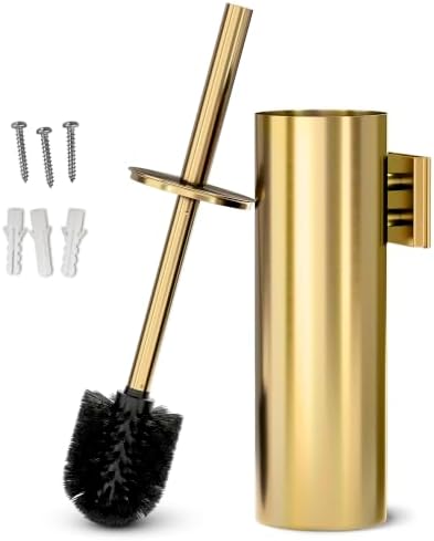 Gold Toilet Brush and Holder Set, Stainless Steel (Wall Mounted) | Toilet Brush with Holder Set, Splash Protection & Dense Bristles, Strong Vacuum Suction, Scratch- and Corrosion-Resistant