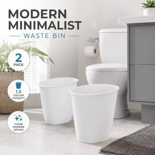Small Bathroom Trash Can 1.5 Gallon Plastic Garbage Bin, Open Top Waste Basket for Bathroom, Bedroom, Office, Laundry Room, Narrow Space, White, 2 Pack