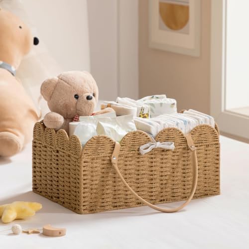 HBlife Large Baby Diaper Caddy, Paper Rope Scalloped Storage Baskets Nursery Bin with Removable Divider, Portable Car Organizer for Diapers, Baby Shower Gifts, Newborn Essentials Must Haves, Brown