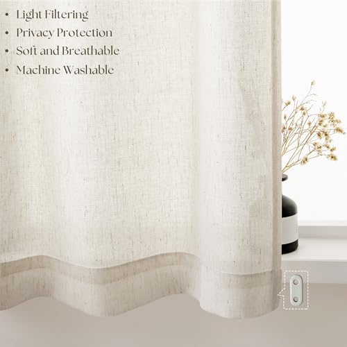 Beige Semi Sheer Linen Kitchen Curtains 24 Inch Length 2 Panels | Natural, Small Curtains, for Laundry RV Campers, Privacy Light Flitering, Rod Pocket Drapes, Rustic Boho, 50x24 Inch