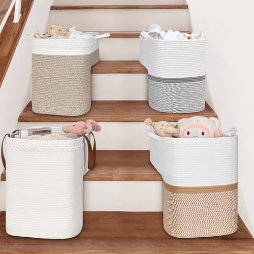 Woven Stair Basket, Stair Baskets for Wooden Stairs, Carpeted Stairs Storage Basket with Handles, Staircase Baskets for Toys, Books, Brown, 15” L x 10” W x 15” H