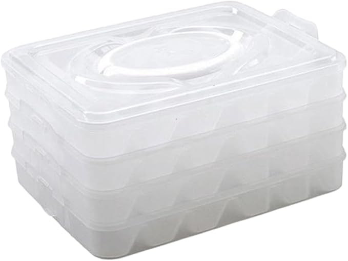 Luxshiny Dumpling Storage Box Four Layer PP Organizer with 18 Grids | Portable Handle, Food Preservation, Odor Separation, Camping and Housekeeping Use, Stackable Design, Four Trays