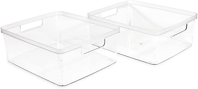 Isaac Jacobs 4-Pack Large Clear Storage Bins (11.5” L x 14” W x 5.5” H) w/Cutout Handles, Plastic Organizer for Home, Office, Kitchen, Fridge/Freezer, Bathroom, BPA Free, Food Safe (Large)