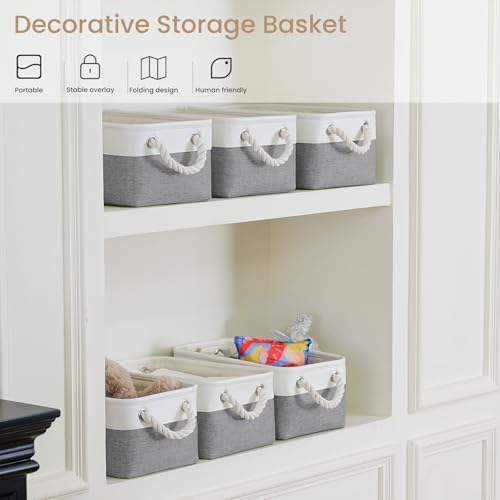 11.8x7.9x5.2 Inch Fabric Small Storage Bins with Handles 6 Pack | Foldable Storage Basket, Sturdy Metal Strand, Cardboard Support Molding, Small Baskets for Organizing, Shelves, White/Gray