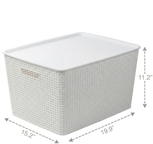 BINO | Plastic Storage Baskets with Lids, 45 Liter - 3 Pack, White | THE WOVEN COLLECTION | Storage Basket for Shelves | Woven Storage Baskets for Organizing Bins Pantry Shelf Organizer Container Bin