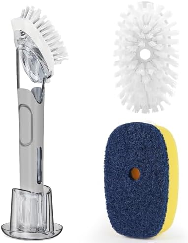 RIMAY Dish Brush Set with Soap Dispenser, 2 Refills and Storage Holder | Soap Dispensing Dish Brush dish scrubber with handle for Cleaning Dishes, Pans, Sink, Pots, Grey