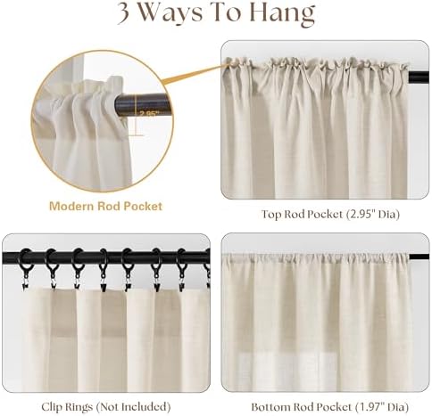 2 Panels 36 Inch Half Kitchen Curtains Sets for Bathroom RV Campers | Farmhouse Natural, Linen Drapes, Non-See-Through Privacy, Short Windows Curtains, 36 Inch Length, Rod Pocket, W30xL36