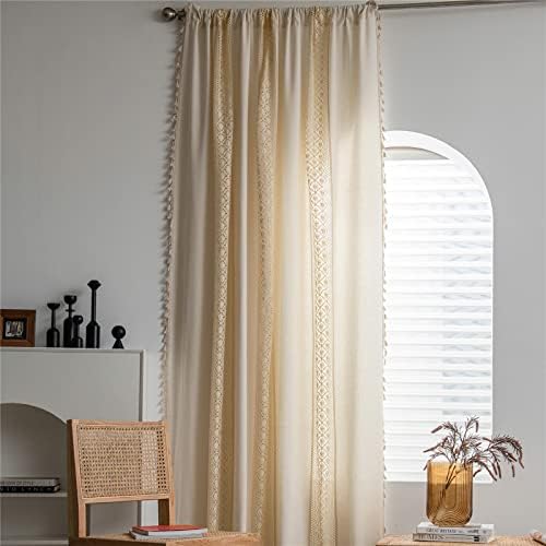 Sutuo Home Beige Boho Window Curtains for Living Room Bedroom 59" W x 84" L | Light Filtering Bohemian Vintage Chic Handmade Tassels Hollow,Window Treatment Rustic Farmhouse Drapes Rod Pocket,1 Panel