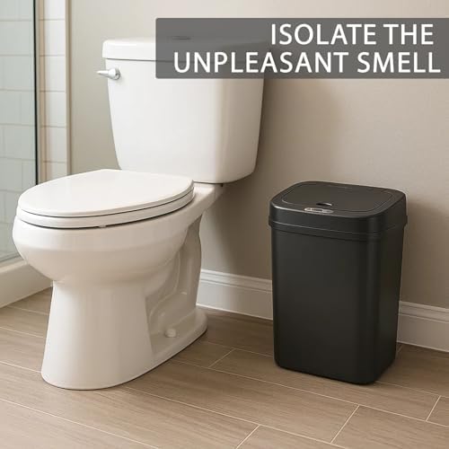 Touchless Motion Sensor Trash Can with Lid, Automatic Infrared Garbage Bin, Narrow Rectangular Bathroom Kitchen Bedroom Office Waste Basket, Soft Close Quiet Seal, Removable Inner Ring (Black)