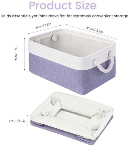 13.8x9.8x6.7 Inch Fabric Small Storage Bins with Handles 1 Pack | Foldable Storage Basket, Sturdy Metal Strand, Cardboard Support Molding, Small Baskets for Organizing, Shelves, White/Purple