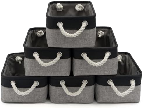 11.8x7.9x5.2 Inch Fabric Small Storage Bins with Handles 6 Pack | Foldable Storage Basket, Sturdy Metal Strand, Cardboard Support Molding, Small Baskets for Organizing, Shelves, Black/Gray