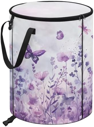 doginthehole Watercolor Purple Floral Butterfly Trash Can with Lid 23 Gallon, 22.83x17.71, Outdoor Recycling Bin Large Trash Can Outside Garbage Storage Bag for Camping Travel Beach
