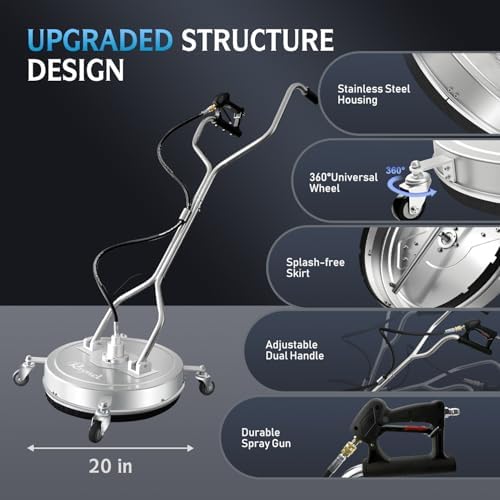 RAYNEL 20" Pressure Washer Surface Cleaner, Power Washer Accessory | Stainless Steel Housing, 4 Wheels, Dual Handles, 2 Hose Adapters, 5 Spray Nozzles & 4 Replacement Nozzles, Max 4000 PSI