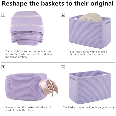 4 Pack Storage Baskets for Organizing Toys, Towels, and Clothes, Woven Basket for Shelves, Sturdy Nursery Cube Bins for Storage, 13''L x9''W x7.8''H, Purple