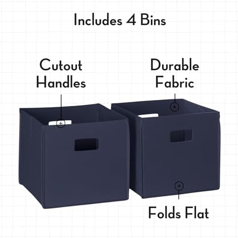 RiverRidge Folding Storage Bins - 4-pack of 10in Tall Navy Cubes | Fabric Bins, Set of 4 Storage Cubes, Cut-out Handles, Playroom Closet Organizer, Collapsible Cubby with Bottom Board Insert