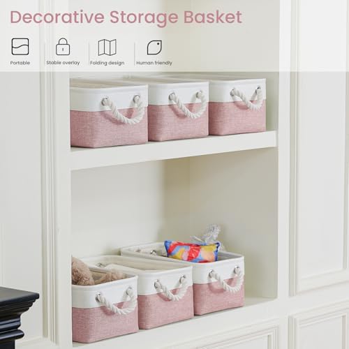 11.8x7.9x5.2 Inch Fabric Small Storage Bins with Handles 1 Pack | Foldable Storage Basket, Sturdy Metal Strand, Cardboard Support Molding, Small Baskets for Organizing, Shelves, White/Pink