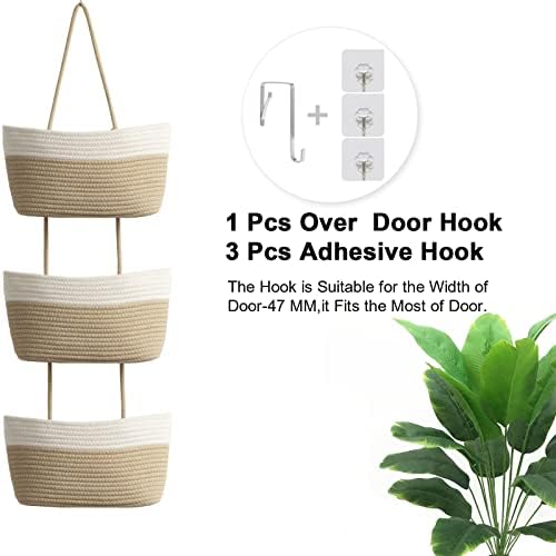 TeoKJ Over the Door Hanging Basket, 3-Tier Woven Cotton Wall-Mounted Storage Organizer Bag Decorative Hanging Nursery Baskets, White & Jute | Woven Cotton, Wall-Mounted Storage Organizer Bag, Decorative Hanging Nursery Baskets