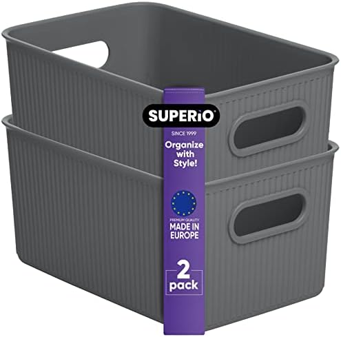 Superio Ribbed Collection - Decorative Plastic Basket Open Home Storage Bins Organizer, Medium Grey (2 Pack) Container Boxes for Organizing Closet Storage Bins for Shelves Drawer Shelf 5 Liter