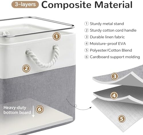 13x13 Inch Foldable Fabric Cube Storage Bins with Handles 6 Pack | Sturdy Metal Strand, Cardboard Support Molding, Storage Basket, Cube Storage Bin for Shelves, Closet, Bedroom, White/Gray