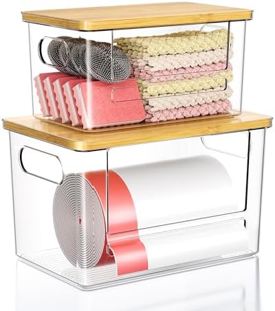 Trash Bag Dispenser 2 Pack, Stackable Trash Bag Holder with Bamboo Lid – Clear Plastic Garbage Bag Organizer for 4-33 Gal Bags, Space-Saving Under Sink Organizer for Kitchen, Laundry, Pantry