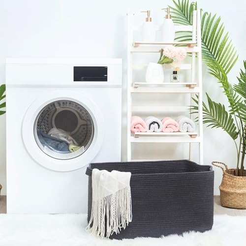 MINTWOOD Design 22in Extra Large Blanket Basket Holder Living Room, Rectangle Rope Woven Storage Basket with Handles for Laundry, Pool Towels, and Shoes, Dog Toy Organizer Bin Box, Charcoal