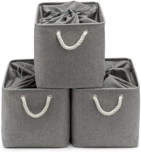 16x12x12 In Foldable Fabric Large Storage Bins with Handle 3 Pack | Storage Basket with Draw String Top, Sturdy Metal Strand, Cardboard Support Molding, for Shelf, Closet, Bedroom, Gray