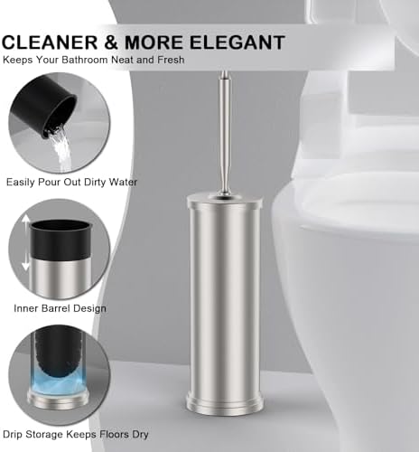 Stainless Steel Toilet Bowl Brush and Holder Set Scrubber Nickel | Weighted Stable Base Removable Inner Tube Toilet Bowl Brush Splash-Proof Design for Deep Cleaning Space Saving Storage