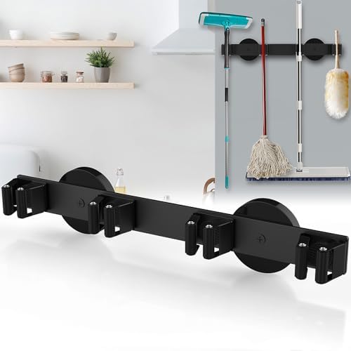 Magnetic Mop Broom Holder, Strong Non Slip Magnetic Broom Mop Hanger, Heavy Duty Magnetic Hooks for Hanging Shovel Rake Tools, Wall Mounted Utility Storage Magnet Rack 4 Rack
