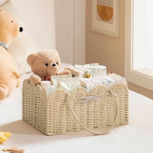 HBlife Baby Diaper Caddy, Paper Rope Storage Baskets Nursery Bin with Removable Divider, Portable Car Organizer for Diapers, Baby Shower Gifts, Newborn Essentials Must Haves
