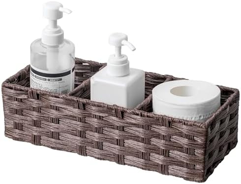 Toilet Tank Topper Paper Basket Multiuse Hand Woven Plastic Wicker Basket Bins with Divider for Shelves Rustic Farmhouse Bathroom Decor Countertop Organizer Storage