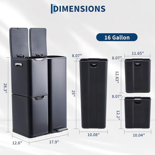 Triple Compartment Recycling & Trash Bin - 16 Gallon Stainless Steel for Kitchen or Office - Removable Buckets, Lid, Collapsible Foot Pedal - Large Capacity - Black