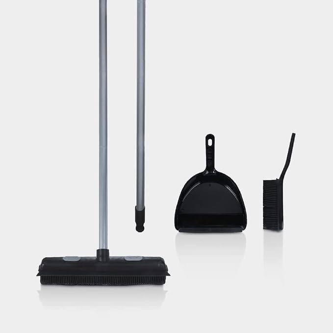 Rubber Bristle Expandable Broom Set with Dustpan & Handheld Rubber Brush for Surface Cleaning, Dust Pet Hair Removal Sofa Sweeping, Built-in Rubber Squeegee Snap, Set of 3, Black