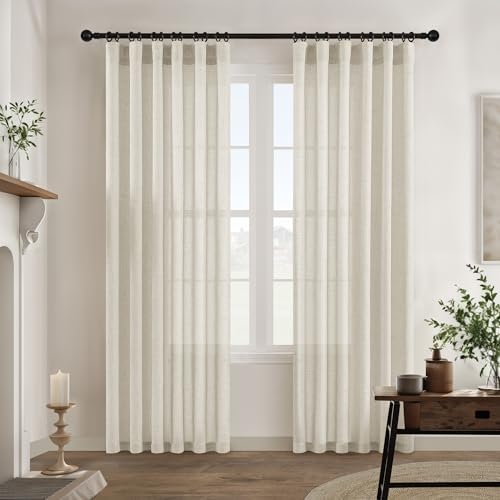 Natural Linen Curtains 112 Inches Long 2 Panels Cream Semi Sheer | Light Filtering, Boho Neutral Drapes, for Living Room Bedroom, Hook Belt, Rod Pocket, Window Curtain, 112 Inch Length