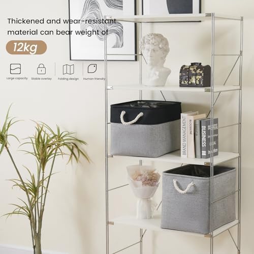 16x12x12 In Foldable Fabric Large Storage Bins with Handle 3 Pack | Storage Basket with Draw String Top, Sturdy Metal Strand, Cardboard Support Molding, for Shelf, Closet, Bedroom, Black/Gray