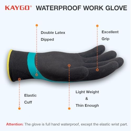 KAYGO Waterproof Work Gloves, Non-Slip Double Latex Coated, KG150 | Lightweight & Durable, Excellent Grip for Gardening, Construction, Fishing & Cleaning, for Men & Women