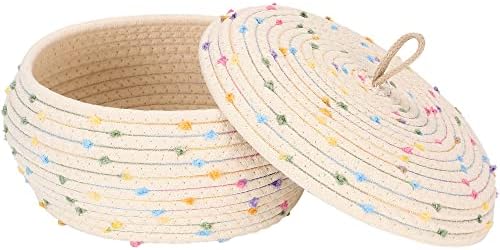 Sea Team Round Woven Cotton Rope Storage Basket with Lid, Rainbow | Decorative Colorful Pompom Knitted Storage Bin, Pot, Caddy, Organizer, Container for Snacks, Towels, Plants, 10 x 4.5 Inches